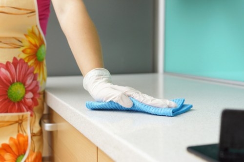 Professional carpet cleaner applying stain treatment during service
