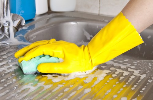 Cleaning chemicals and protective gear arranged for safe use